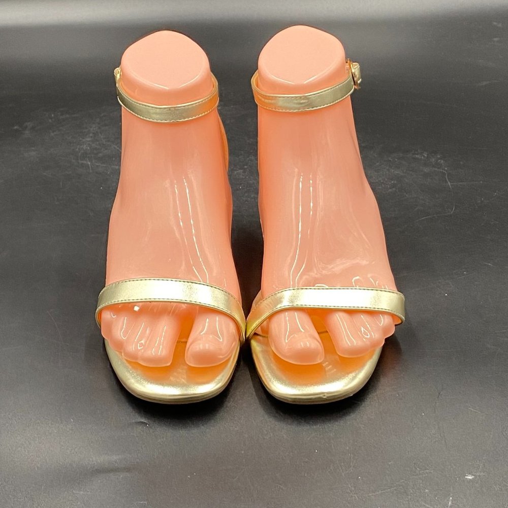 Gold Open Toe Strappy Low Block Heel Ankle Strap Pumps